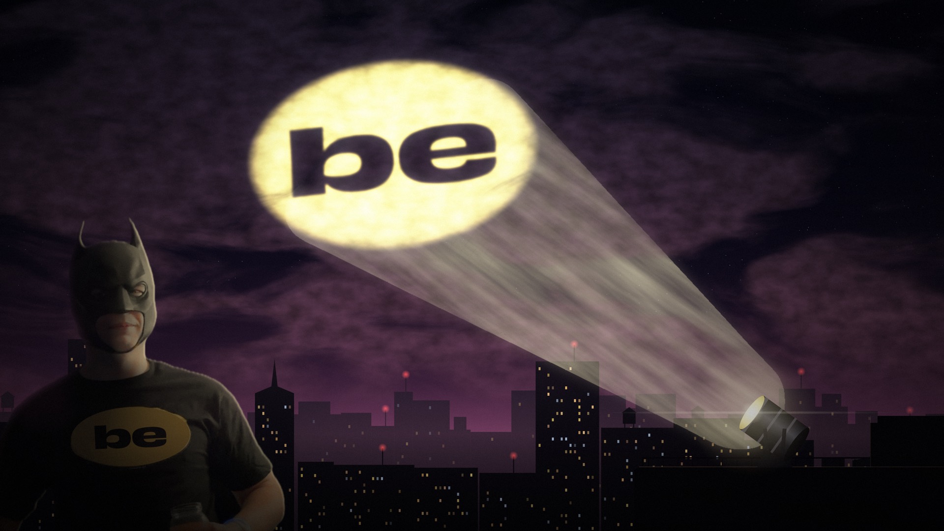 SEO Batman on a rooftop at night as a searchlight projects the Be Visible logo onto the clouds
